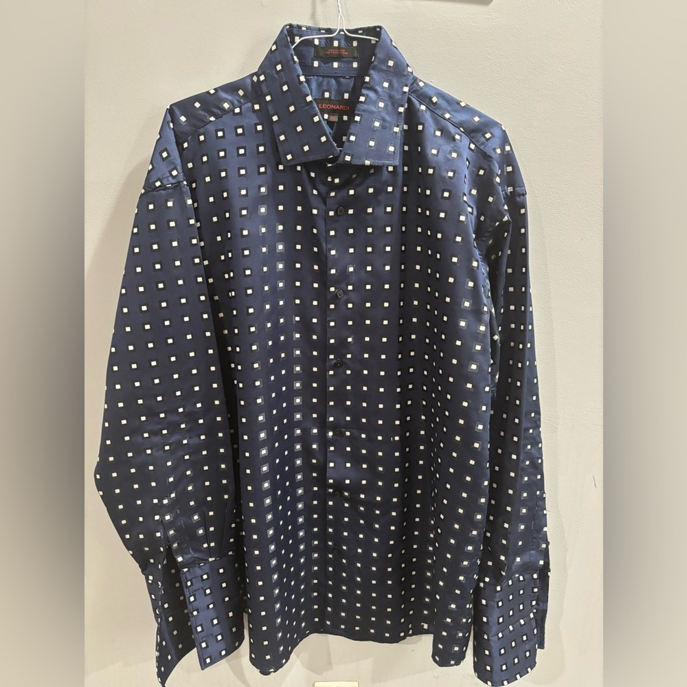 Leonardi Men's Navy/White Polka Dot Dress Shirt-size 3XL - Picture 2 of 6